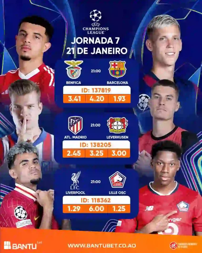 Jornada 7 da Liga dos Campeões na Bantubet com Benfica, Barcelona, Atlético, Leverkusen, Liverpool e Lille em campo.